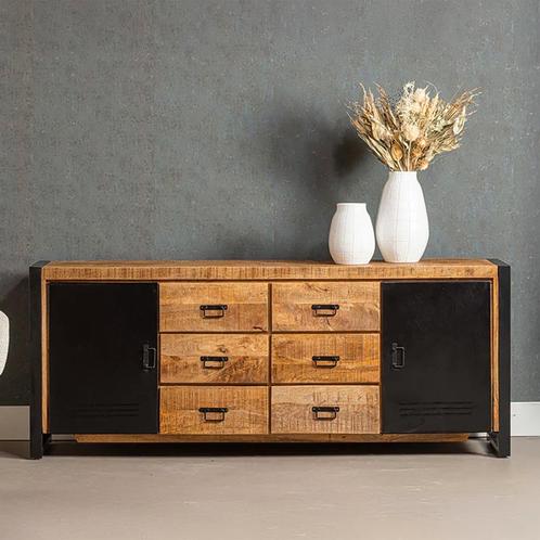 Dressoir Mangohout Nola 205 cm, Huis en Inrichting, Kasten | Dressoirs, 200 cm of meer, 25 tot 50 cm, Nieuw, Overige houtsoorten