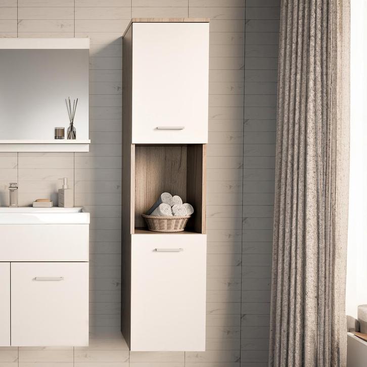 Kolomkast Krildihana 131x30x30 cm eikenkleurig wit en zilver, Huis en Inrichting, Badkamer | Badkamermeubels, Verzenden