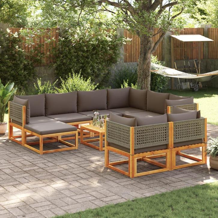 vidaXL 10-delige tuinbankset met kussens acaciahout & rotan, Tuin en Terras, Tuinsets en Loungesets, Nieuw, Hardhout, Verzenden