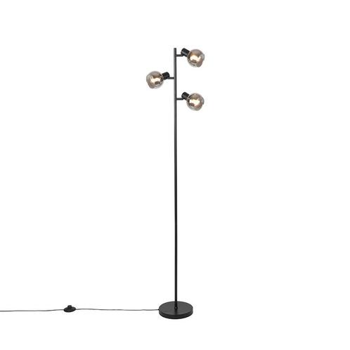 Art Deco vloerlamp zwart 3-lichts met smoke glas - Vidro, Huis en Inrichting, Lampen | Vloerlampen, Nieuw, Glas, 150 tot 200 cm