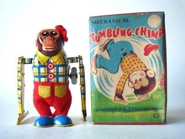 TPS - Mechanische tumbelende aap, in doos - Opwindbaar, Antiek en Kunst, Antiek | Speelgoed