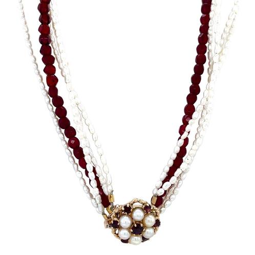 Vintage parel en kleursteen collier met dubbele entourage, Sieraden, Tassen en Uiterlijk, Kettingen, Nieuw, Ophalen of Verzenden