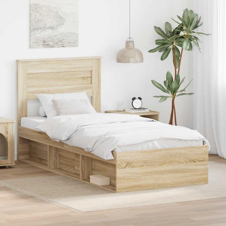 vidaXL Bedframe met matras Sonoma Eiken 75 x 190 cm Massief, Huis en Inrichting, Slaapkamer | Bedden, Bruin, Nieuw, Hout, Verzenden
