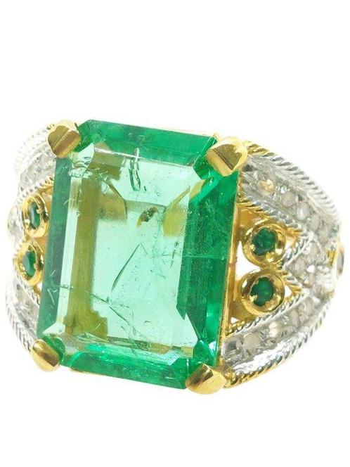 Zonder Minimumprijs - Ring - 9 kt. Geel goud, Zilver Smaragd, Sieraden, Tassen en Uiterlijk, Ringen