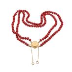 Antieke bloedkoralen kralen collier met gouden sier slot..., Sieraden, Tassen en Uiterlijk, Kettingen, Gebruikt, Overige kleuren