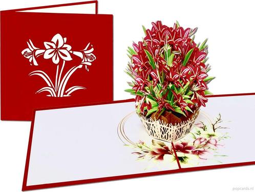 Rode Lelies in mandje bloemen pop-up wenskaart, Diversen, Wenskaarten, Verzenden