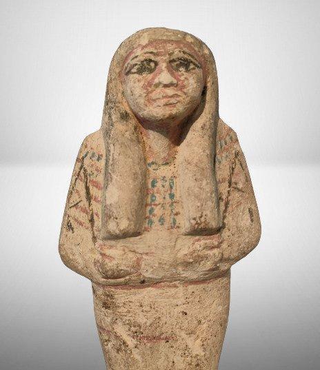 Oud-Egyptisch Geschilderde kalksteen Shabti - Met Spaanse, Verzamelen, Mineralen en Fossielen