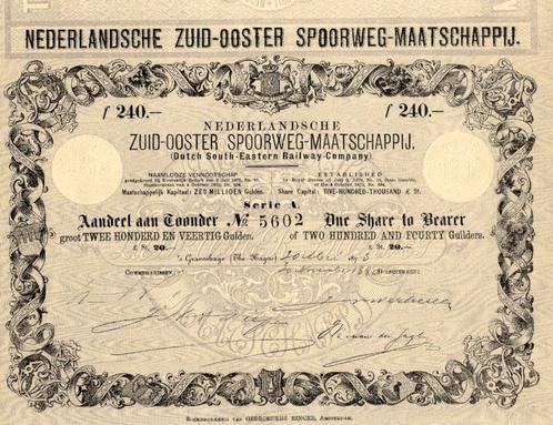aandeel Nederlandsche Zuid-Ooster Spoorweg-Maatschappij 1873, Postzegels en Munten, Aandelen en Waardepapieren, Aandeel, Voor 1920