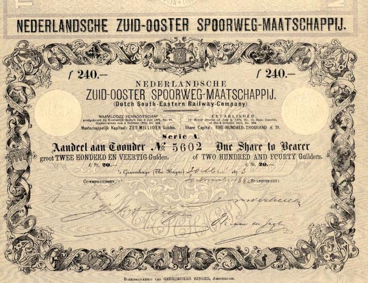aandeel Nederlandsche Zuid-Ooster Spoorweg-Maatschappij 1873, Postzegels en Munten, Aandelen en Waardepapieren, Aandeel, Voor 1920