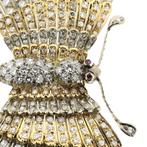 Exclusieve bicolor gouden vlinderbroche met robijn en dia..., Sieraden, Tassen en Uiterlijk, Broches, Gebruikt, Overige kleuren