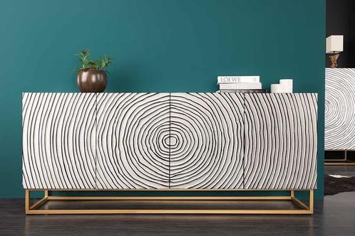 Massief dressoir ZEN CIRCLES 180 cm wit zwart goud mangohout, Huis en Inrichting, Kasten | Dressoirs, Ophalen of Verzenden