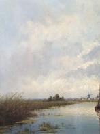 H. Bos (XX) - Riviergezicht met bootjes en dorp, Antiek en Kunst, Kunst | Schilderijen | Klassiek