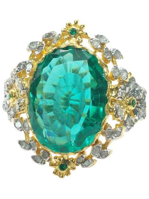 Zonder Minimumprijs - Ring - 9 kt. Geel goud, Zilver Smaragd, Sieraden, Tassen en Uiterlijk, Ringen