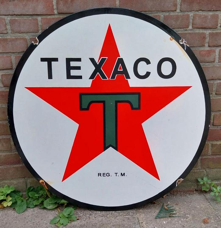Texaco Logo Dubbelzijdig Vintage Emaille Bord - Ø76cm, Verzamelen, Merken en Reclamevoorwerpen, Ophalen