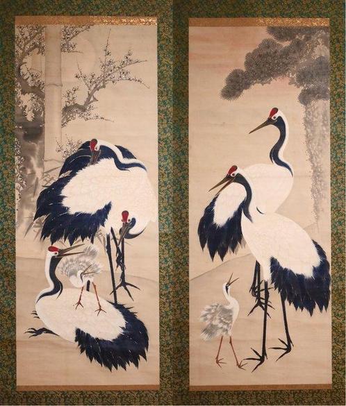 Pine Bamboo Plum -  Moon and Bird - Cranes - Double scroll -, Antiek en Kunst, Antiek | Overige Antiek