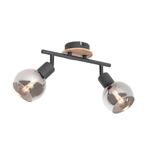 Plafondlamp zwart met smoke glas en hout 2-lichts - Vidro, Huis en Inrichting, Lampen | Spots, Nieuw, Glas