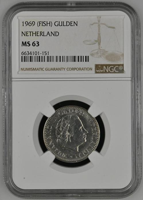 Koningin Juliana 1 gulden 1969 vis MS63 NGC gecertificeerd, Postzegels en Munten, Munten | Nederland, Losse munt, Verzenden
