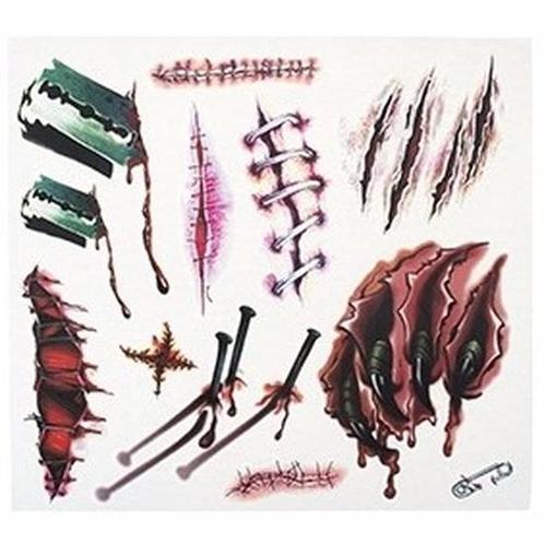 Halloween plaktattoo set van 12x horror wonden - Tatoeages, Hobby en Vrije tijd, Feestartikelen, Ophalen of Verzenden