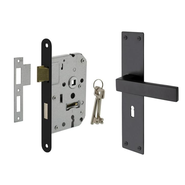 Deurbeslag set Nova op schild met sleutelgat en slot, Doe-het-zelf en Verbouw, Hang- en Sluitwerk, Klink of Kruk, Nieuw, IJzer