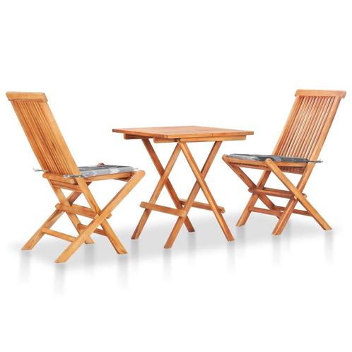vidaXL 3-delige Bistroset met grijs geruite kussens massief, Tuin en Terras, Tuinsets en Loungesets, Nieuw, 3 zitplaatsen, Teakhout