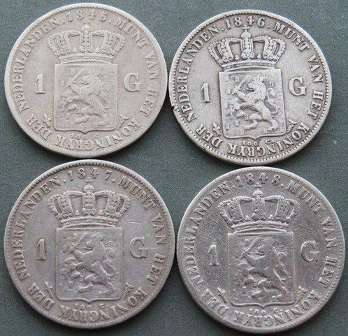 Nederland. Willem II. 1 Gulden 1845-1846-1847-1848(4 stuks), Postzegels en Munten, Munten | Nederland