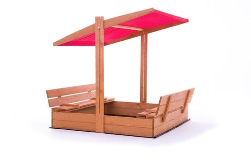 Veilige houten zandbak 120x120 cm met rood dak en bankjes..., Kinderen en Baby's, Speelgoed | Buiten | Zandbakken, Nieuw, Ophalen of Verzenden