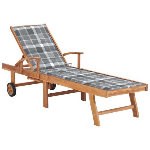 vidaXL Ligbed met grijs geruit kussen massief teakhout, Tuin en Terras, Ligbedden, Nieuw, Verzenden