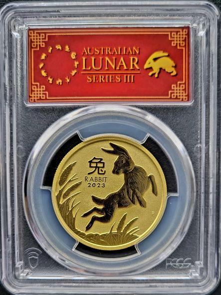 Gouden Lunar III - 1 oz 2023 Year of the Rabbit PCGS MS70, Postzegels en Munten, Munten | Oceanië, Losse munt, Goud, Verzenden
