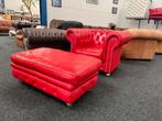 Aanbieding ! Rood rundleren Chesterfield fauteuil met hocker, Huis en Inrichting, Fauteuils, Ophalen, Gebruikt, Leer, CHESTERFIELD