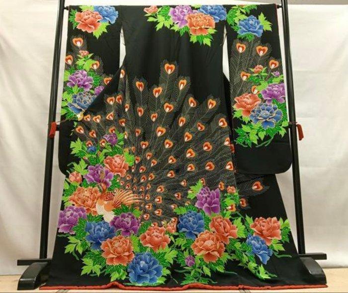 Een vintage Japanse Uchikake bruidskimono – zwart met pauw-, Antiek en Kunst, Antiek | Overige Antiek