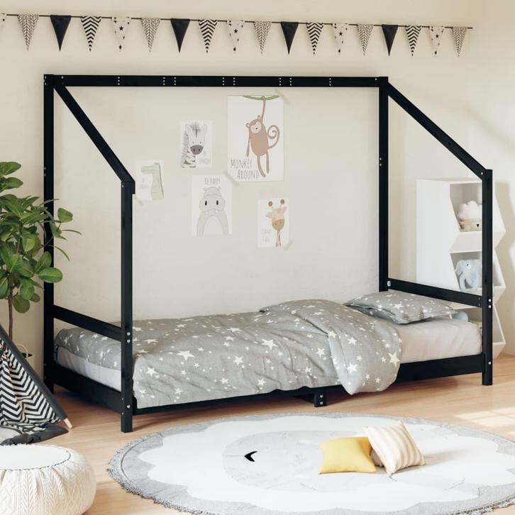 vidaXL Kinderbedframe 90x190 cm massief grenenhout zwart, Kinderen en Baby's, Kinderkamer | Bedden, Nieuw, Verzenden
