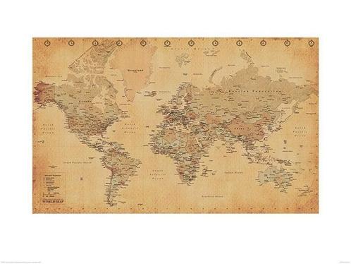 Kunstdruk World Map Vintage Style 60x80cm, Huis en Inrichting, Woonaccessoires | Schilderijen, Tekeningen en Foto's, Nieuw, Verzenden