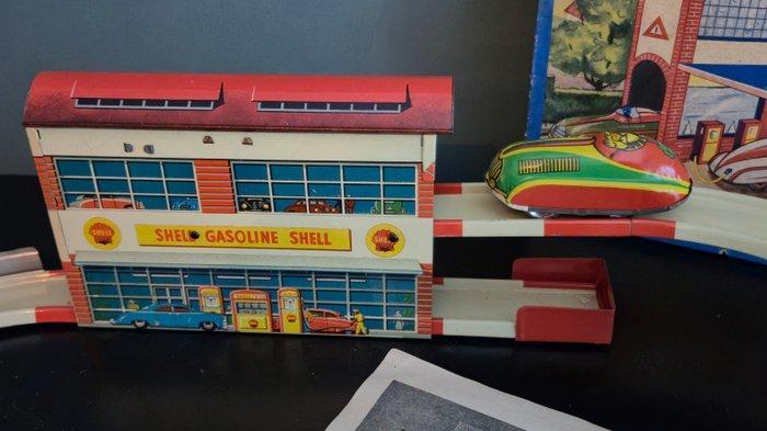 Höfler - Blikken speelgoed - Höfler Shell Gas Station Track,, Antiek en Kunst, Antiek | Speelgoed