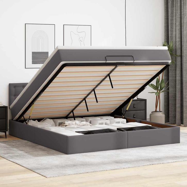 vidaXL Bed poef met matrassen en LEDs 180x200cm kunstleer, Huis en Inrichting, Slaapkamer | Bedden, 80 cm, 200 cm, Grijs, Eenpersoons