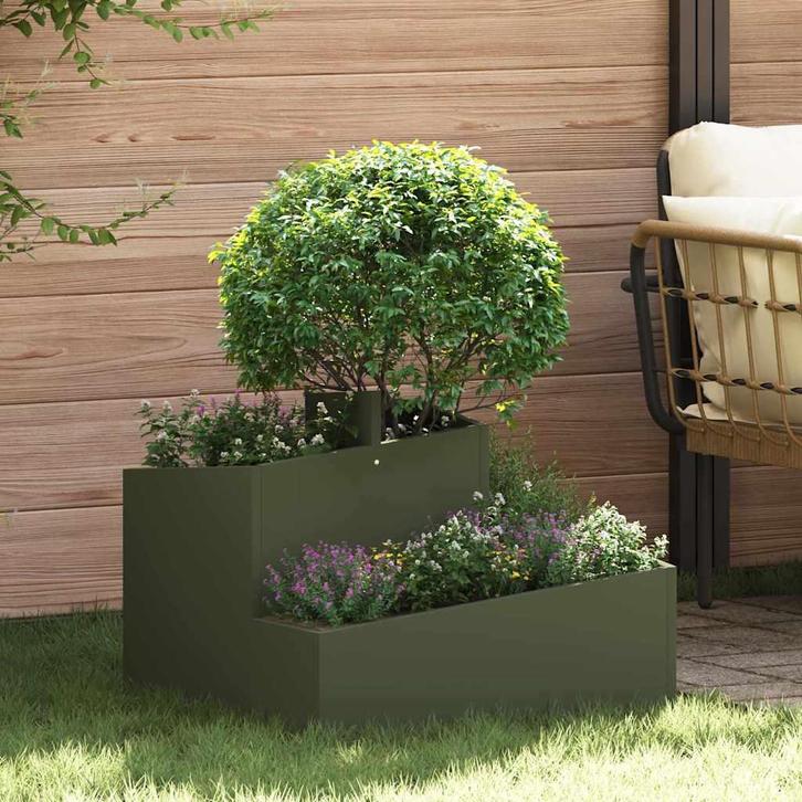 vidaXL Tuin Bloempot Olijfgroen 60 x 60 x 50 cm Staal, Tuin en Terras, Bloembakken en Plantenbakken, 60 tot 100 cm, Nieuw, Metaal