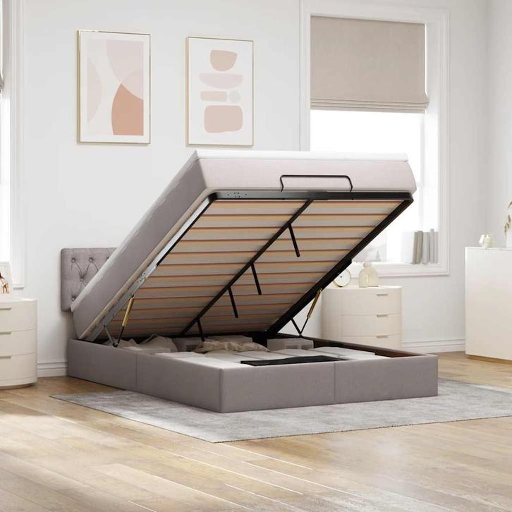 vidaXL Bed met matras 140x200 cm stof taupe, Huis en Inrichting, Slaapkamer | Bedden, 140 cm, 200 cm, Tweepersoons, Nieuw, Stof