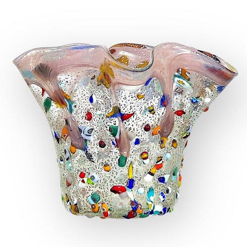 Filippo Maso - Vaas - Roze zakdoek met bladzilver en murrine, Antiek en Kunst, Antiek | Glas en Kristal