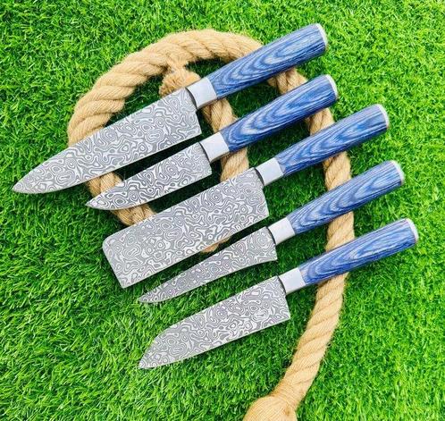 Gold Deer - 5 Piece professional knives set - Hammered Steel, Antiek en Kunst, Antiek | Keukenbenodigdheden