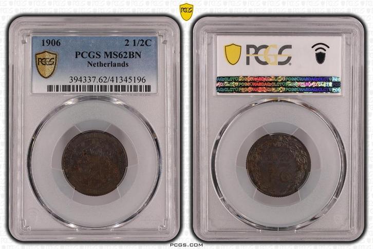 Koningin Wilhelmina 2 1/2 cent 1906 MS62 BN PCGS, Postzegels en Munten, Munten | Nederland, Losse munt, Koningin Wilhelmina, Verzenden