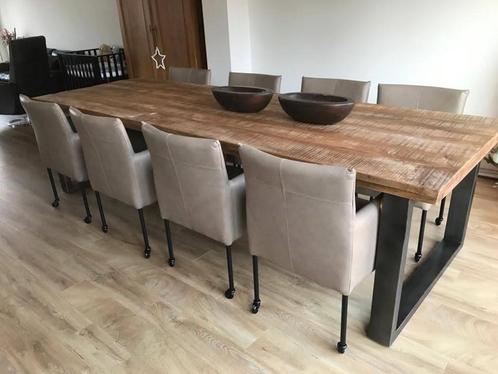 Set van 8 leren kuip eetkamerstoelen - met wieltjes - bruin, Huis en Inrichting, Stoelen, Overige kleuren, Nieuw, Leer, Ophalen of Verzenden