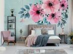 Aquarel roze bloemen behang, op maat, Fotobehang4you, Huis en Inrichting, Aquarel, bloemen, trendy, Roze, Verzenden