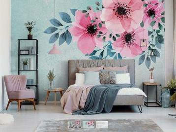 Aquarel roze bloemen behang, op maat, Fotobehang4you