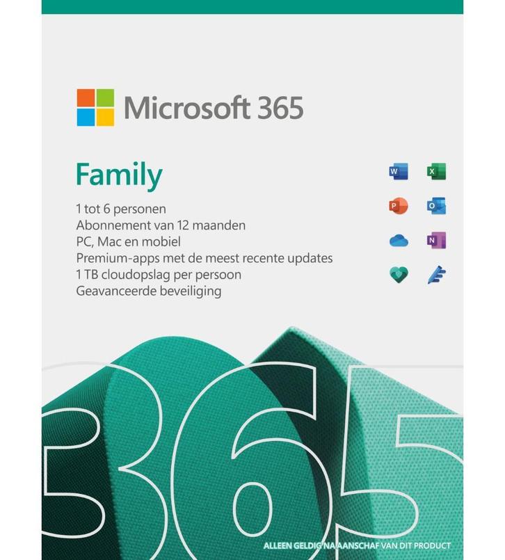 Microsoft 365 Family - 1 jaar abonnement, Computers en Software, Office-software, Nieuw, Access, Excel, OneNote, Outlook, Powerpoint