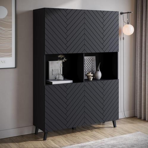 Meubella | Dressoir zwart 120 cm | Visgraat op deuren kast, Huis en Inrichting, Kasten | Dressoirs, 25 tot 50 cm, Nieuw, 100 tot 150 cm