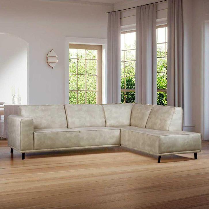 Stoere hoekbank beige stof - strakke vorm - voorraad - actie, Huis en Inrichting, Banken | Complete zithoeken, Nieuw, Stof, Ophalen of Verzenden