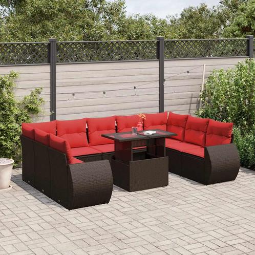 vidaXL 10-delige tuinbankset met kussens, bruin polyrotan, Tuin en Terras, Tuinsets en Loungesets, Nieuw, Rotan, Verzenden
