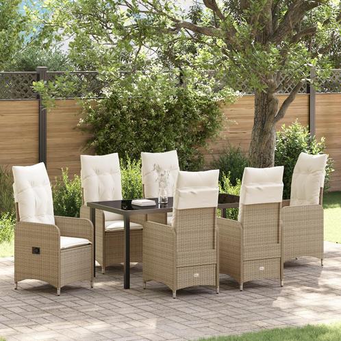vidaXL 7 Delige Tuinset Met Kussens Beige Poly Riet, Tuin en Terras, Tuinsets en Loungesets, Tuinset, Nieuw, Rotan, Verzenden