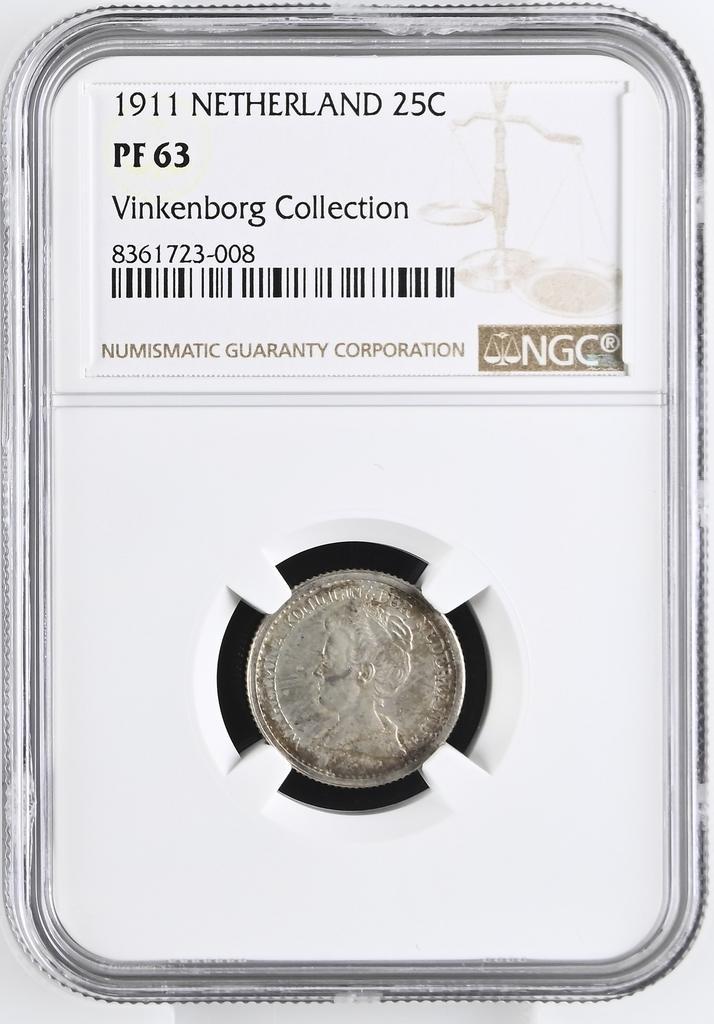 Koningin Wilhelmina 25 cent 1911 Proof PF63 NGC Ex, Postzegels en Munten, Munten | Nederland, Losse munt, 25 cent, Koningin Wilhelmina