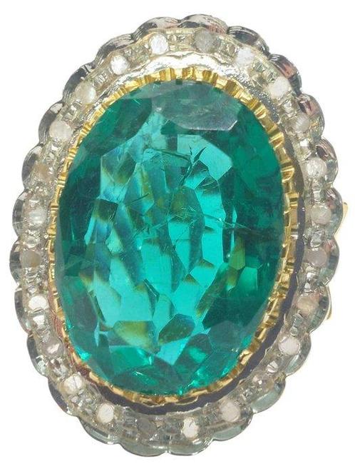 Zonder Minimumprijs - Ring - 9 kt. Geel goud, Zilver Smaragd, Sieraden, Tassen en Uiterlijk, Ringen