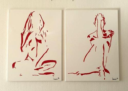 Liesens - Thinkers ( monochroom red) lot van 2 schilderijen, Antiek en Kunst, Kunst | Schilderijen | Modern